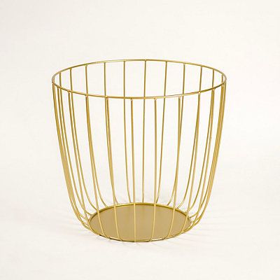 a gold wire basket on a white background, with the bottom section partially open to show it's inner surface