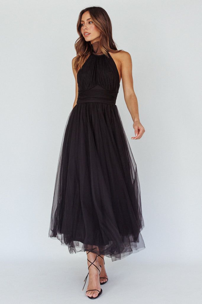 Andria Halterneck Tulle Midi Dress Black A-line Tulle Skirt Dress For Prom Season, Chic Midi Bridesmaid Dress, Chic Midi-length Bridesmaid Dress, Chic Formal Bridesmaid Dress Midi Length, Bridesmaid Evening Dress In Midi Length, Midi Length Bridesmaid Dress For Party, Chic Midi Length Bridesmaid Dress For Party, Chic Midi-length Bridesmaid Party Dress, Spring Midi-length Bridesmaid Dress