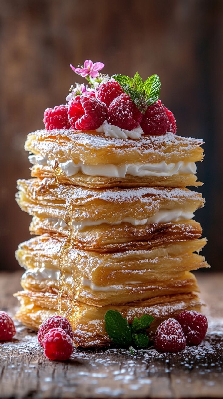 a stack of pancakes covered in powdered sugar and topped with raspberries on a wooden table