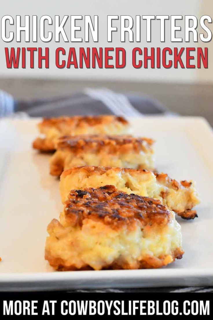 crispy chicken cakes on a white plate with text overlay that reads, crispy chicken cakes