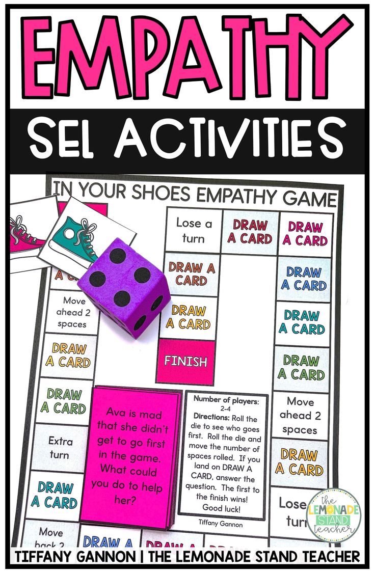 a game with dices and cards on it that says, empathh self activities