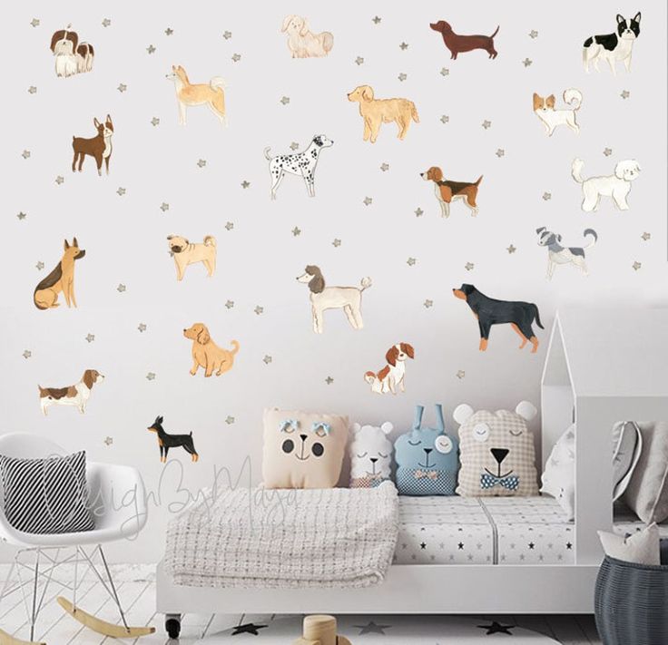 a child's room with dogs on the wall and stars in the sky above