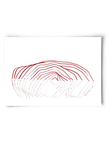 a red line drawing on white paper with the shape of a mountain in the background