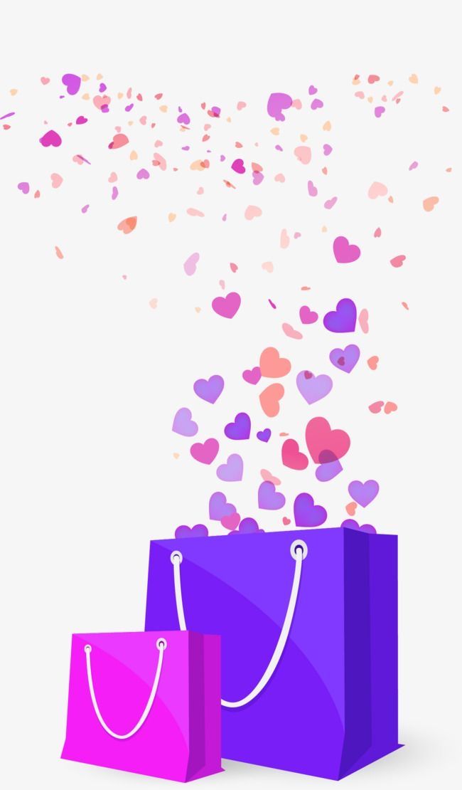 two shopping bags with hearts coming out of them on a white background, one is purple and the other is pink