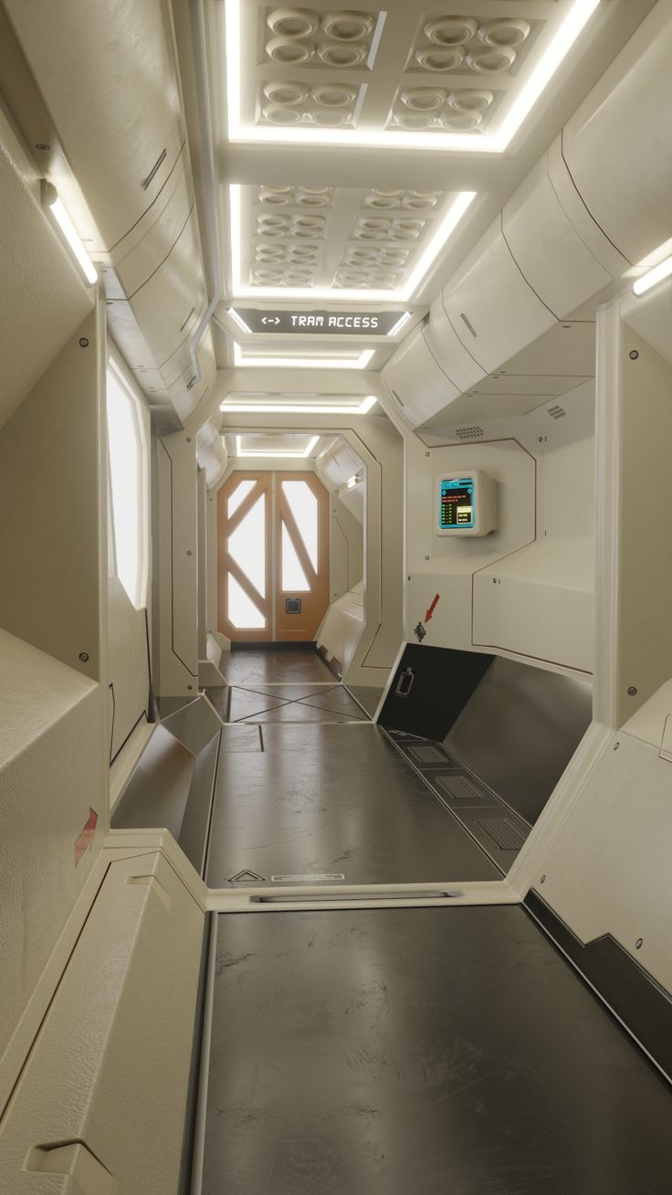 the inside of a space shuttle with stairs and doors leading up to it's exit