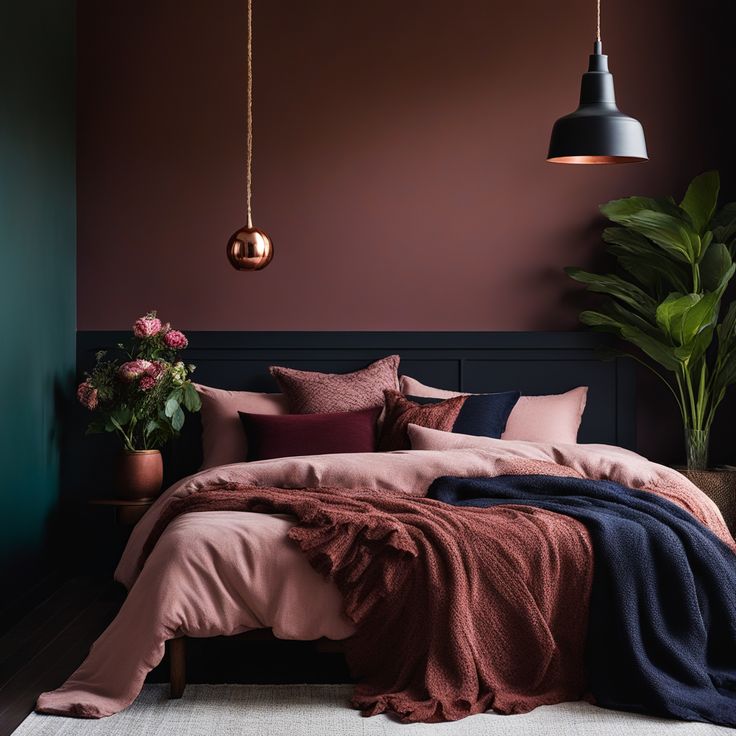 a bed with pink and blue sheets in a bedroom next to a potted plant