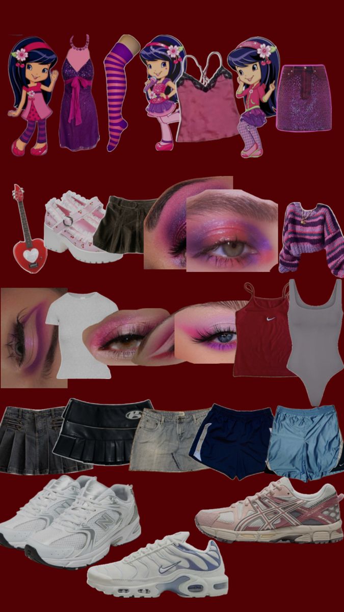 an assortment of clothing and shoes are arranged on a red background with the image of a woman's face