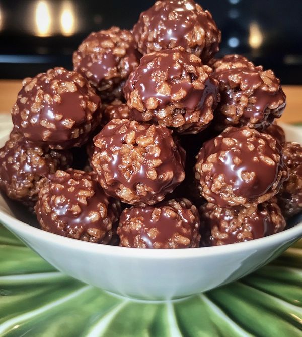 a white bowl filled with chocolate peanut butter balls on top of a green table cloth