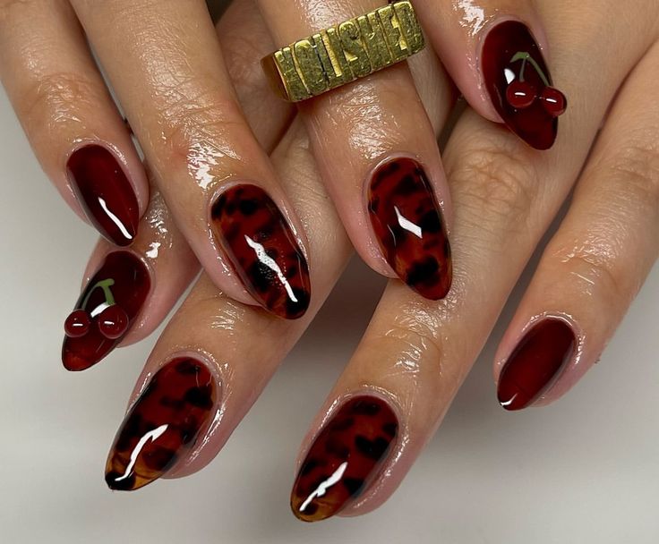 Dark Red Leopard Print Nails, Red Leapord Nails, Short Dark Red Nails With Design, Leopard Red Nails, Leopard And Red Nails, Red And Leopard Print Nails, Red Leopard Nails, Red Leopard Print Nails, Red Cheetah Nails