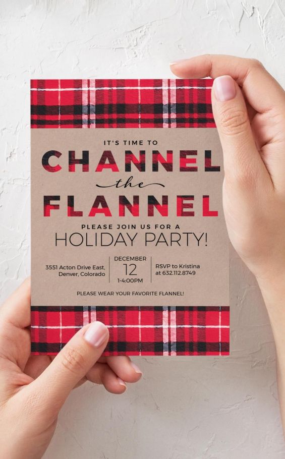 two hands holding up a red and black plaid christmas party card with the words, it's time to channel the flannel please join us for a holiday party