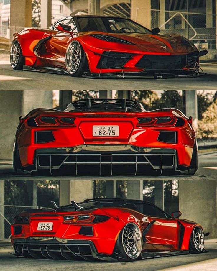 three different views of a red sports car