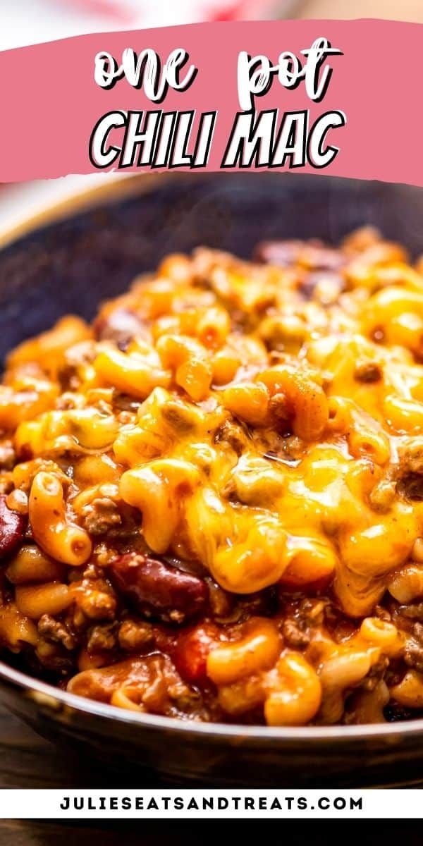 one pot chili macaroni and cheese in a skillet with the title above it