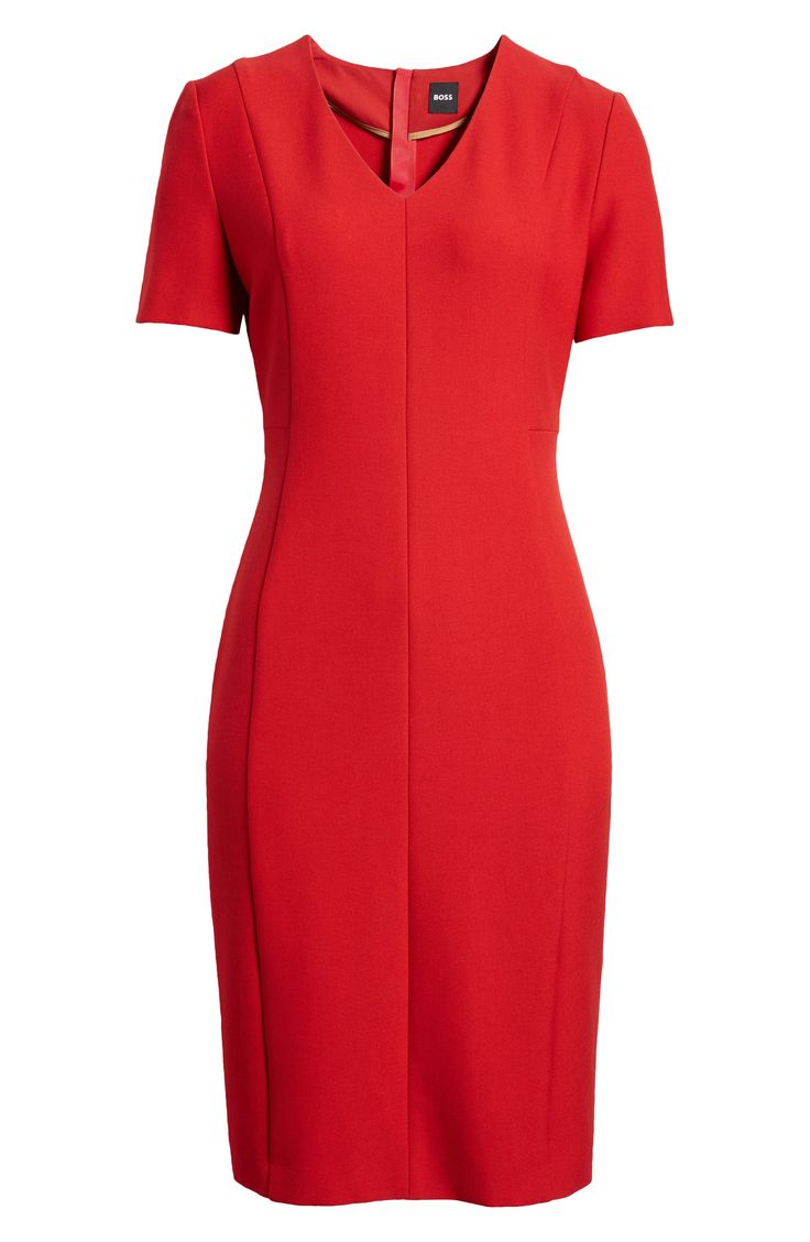 Make a bold entrance wherever you go in this sophisticated sheath dress made with a touch of stretch. 39" length Back zip closure V-neck Short sleeves Partially lined 67% viscose. 29% polyester, 4% elastane Machine wash, line dry Made in Turkey Fitted H-line Mini Dress For Work, Fitted V-neck Midi Dress For Career, Sheath Dress With Flattering Silhouette In Elastane, Classic Tailored Sheath Dress, Stretch Lined Dresses For Work, Modern Workwear Dress With Back Zipper, Modern Work Dress With Back Zipper, Fitted V-neck Lined Bodycon Dress, Sleek Elastane Office Dress