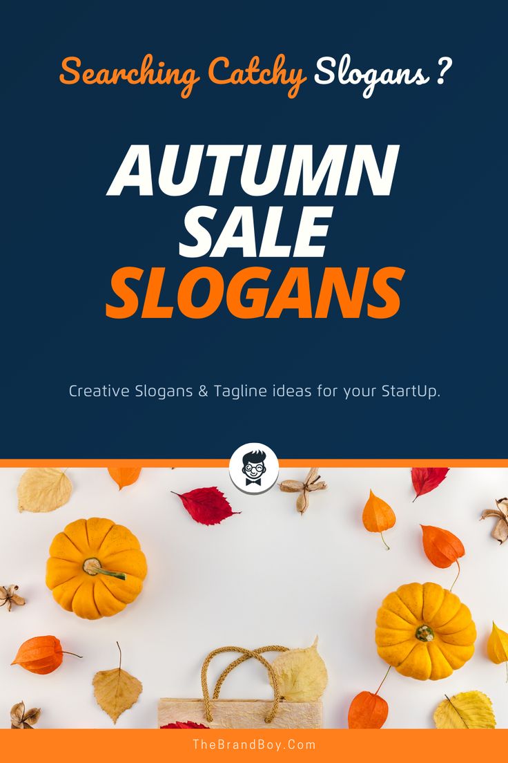 an autumn sale flyer with pumpkins and leaves on the bottom, and text overlay that reads searching catchy slogan?