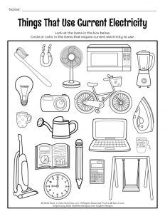 the worksheet is filled with things that use current electricity to teach children about electricity