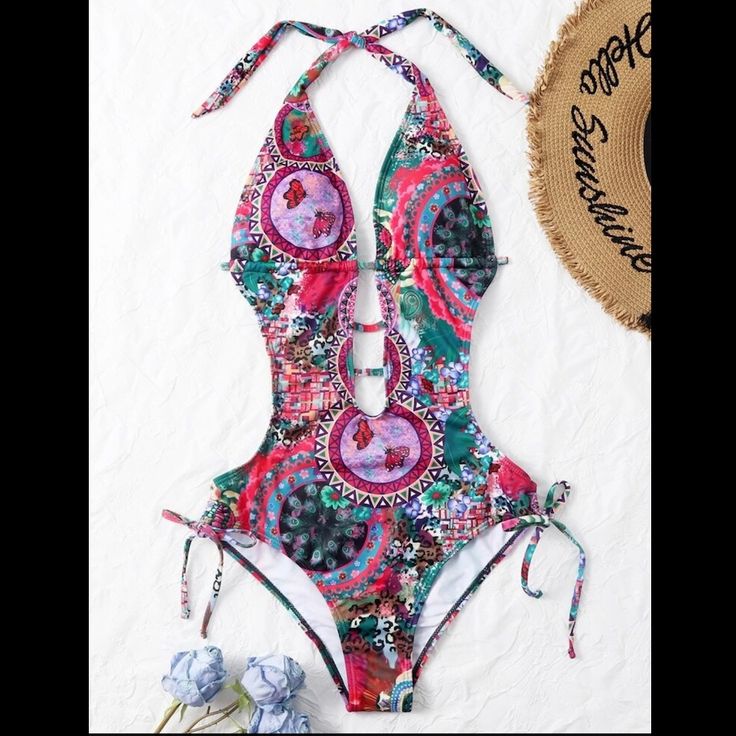 Tropical Multicolor Halter Monokini One Piece Swimsuit (Small) * Size: Small (Runs Small) * Color: Deep Beautiful Colors - Pink / Red / Yellow / Green / Blue / Purple / White / Black * Halter Style - Tie Back * No Wire * Removable Padding * Bottom Is High Cut With Side Ties * Inside Lining Approximate Measurements: Bust 34.6” / Waist 26.8” - 37” / Length 25.2” Pink Beachwear One-pieces For Beach Season, Pink Beachwear One Piece For Beach Season, Pink One Piece Beachwear, Pink Beachwear One-piece, Pink Beachwear One Piece, Pink Summer Beach One-piece, Pink Summer Beach One Piece, Summer Pink Party One-piece, Pink Summer One-piece For Beach