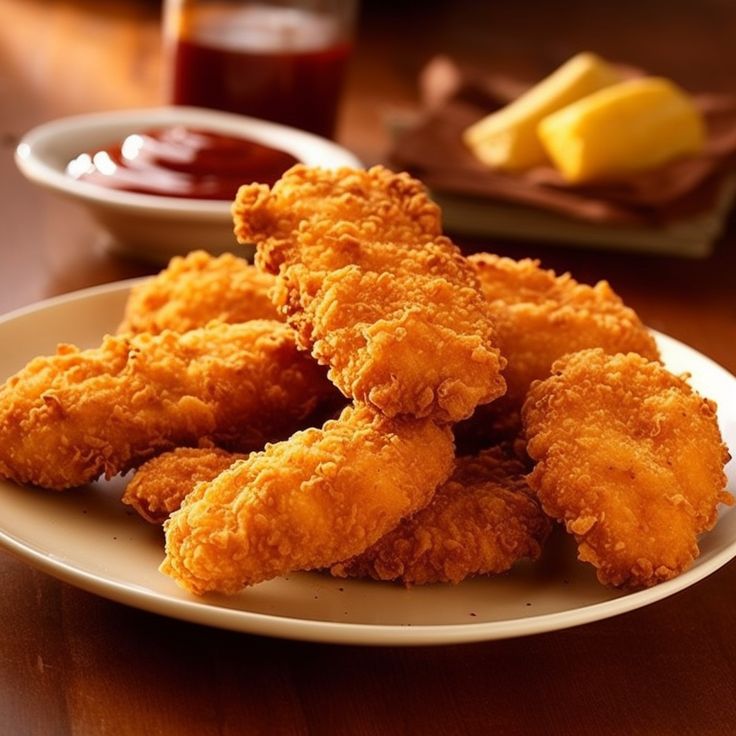 some fried food on a white plate with ketchup and mustard in the background