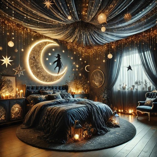 a bedroom decorated in black and gold with lights on the ceiling, stars and moon decorations