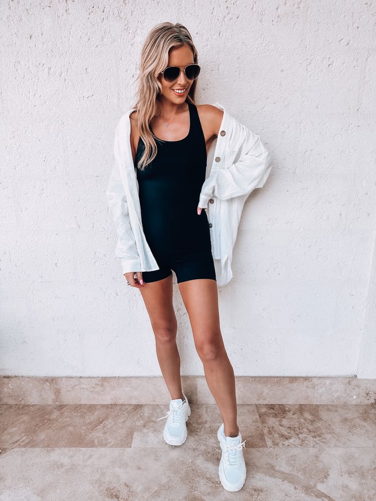 Athletic Romper Outfit Fall, Onesie Romper Outfit, Sporty Romper Outfit, Exercise Romper Outfit, Onesie Shorts Outfit, Spandex Onesie Outfit, Romper Shorts Outfit Summer, Athletic Dress Outfit With Jacket, Black Tank Romper Outfit