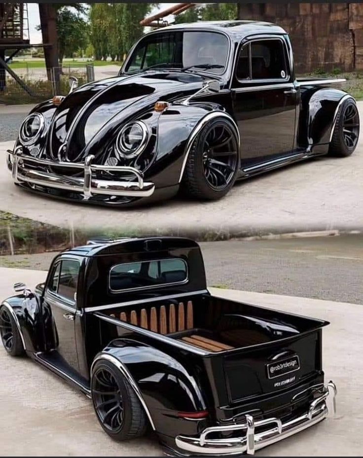 two pictures of an old black truck with chrome rims and wheels, one showing the front