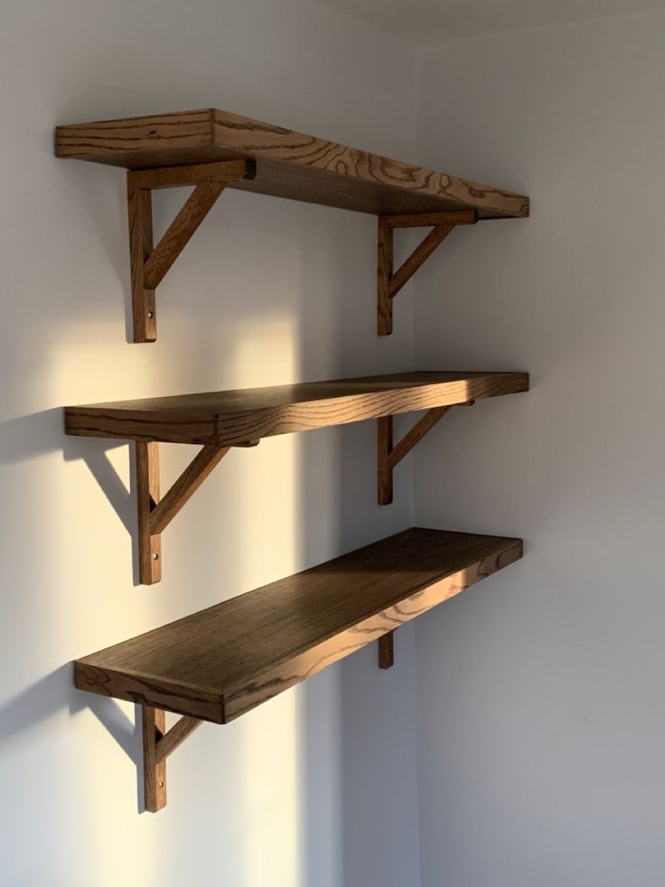 3 shelves on brackets Large Wooden Shelf, Wooden Hanging Shelves, Wood Working Shelf, Woodworking Projects Shelves, Wall Bedroom Shelves, White And Dark Wood Furniture, Wooden Wall Rack Shelves, Wooden Shelves For Bedroom, Cute Diy Shelves