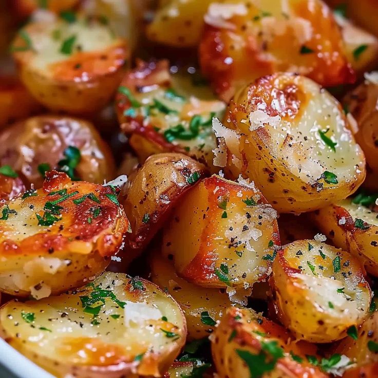 cooked potatoes with parsley in a white bowl