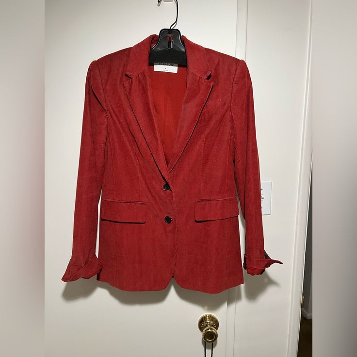 Deep Red Color Size 4 Never Worn Red Formal Outerwear For Spring, Classic Red Blazer For Spring, Red Single Breasted Blazer For Fall, Red Notch Lapel Blazer For Spring, Tailored Red Blazer For Spring, Tailored Red Spring Blazer, Red Single-breasted Business Outerwear, Red Wool Blazer With Button Closure, Red Tailored Single-breasted Blazer