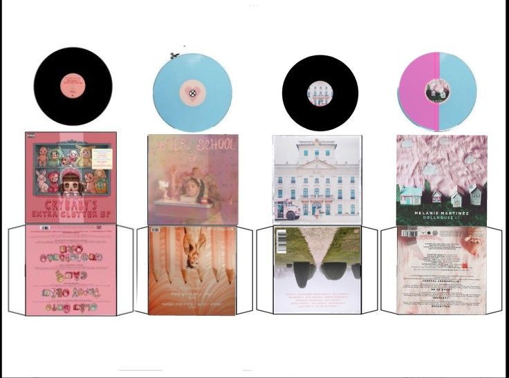 several different colored records are on display in front of a white background with pink and blue accents