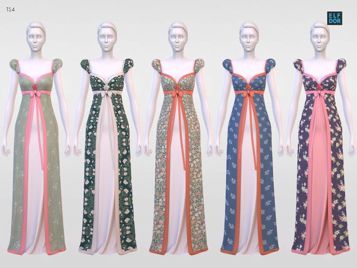 four different colored dresses on mannequins in front of a white background,