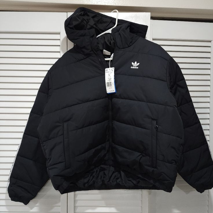 Adidas Originals Puffer Black Jacket Adidas Long Sleeve Winter Outerwear, Adidas Winter Outerwear For Cold Weather, Adidas Outerwear For Cold Weather, Adidas Hooded Fall Outerwear, Adidas Hooded Outerwear For Fall, Adidas Fitted Outerwear For Fall, Casual Black Adidas Outerwear, Adidas Fitted Hooded Outerwear, Black Puffer Jacket Outfit