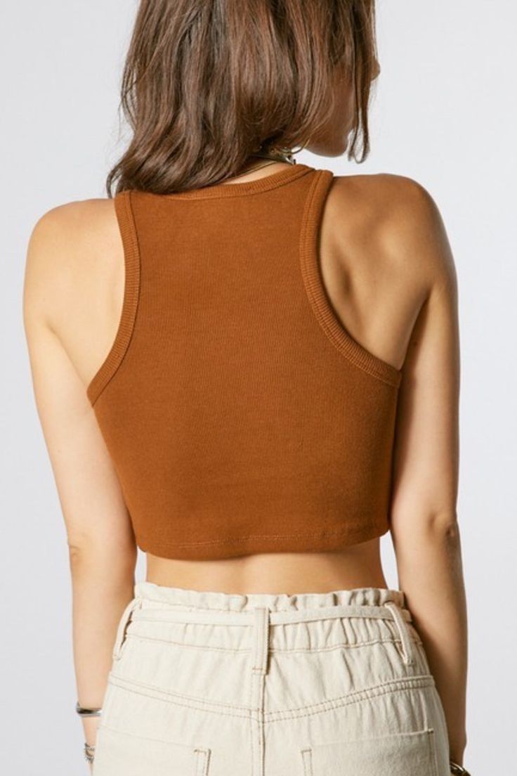 Racer Tank Brown ribbed tank. Scoop neck Racerback Fitted, cropped Sharing Time, Ribbed Tank, Style Gift, Effortless Style, Latest Fashion, Scoop Neck, Turtle Neck