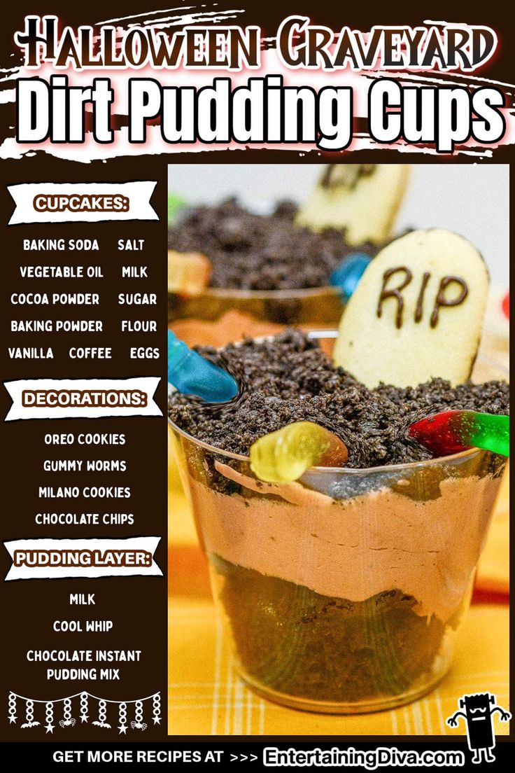 Halloween Graveyard Dirt Pudding Cups | Halloween Treats Graveyard Pudding Cups, Edible Graveyard, Graveyard Dirt Pudding, Cookie Tombstones, Graveyard Pudding, Milano Cookie, Dirt Pudding Cups, Pudding Cup Recipes, Homemade Halloween Treats