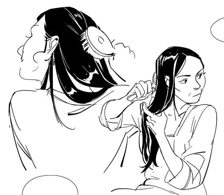 a black and white drawing of a woman brushing her hair