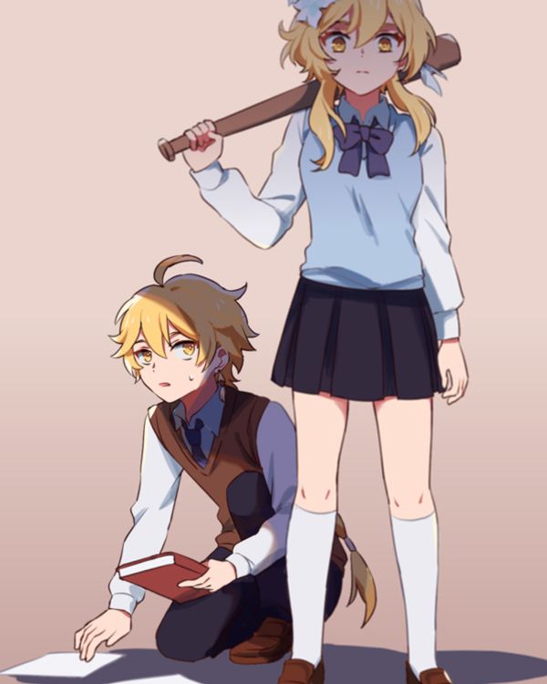 two anime characters are standing next to each other, one is holding a baseball bat