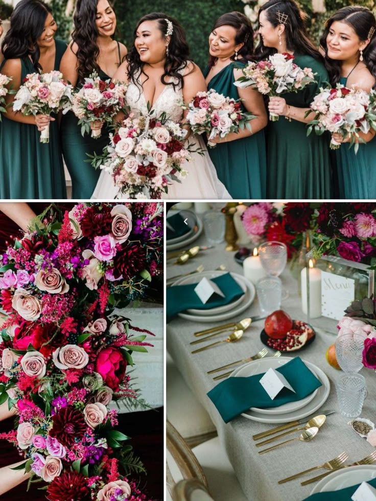 the bridesmaids are holding their bouquets and posing for pictures