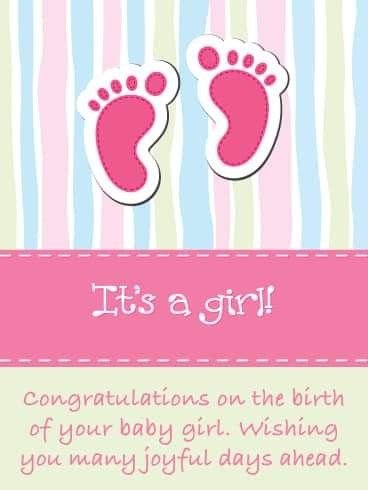 congratulations card for a baby girl with footprints and pink ribbon on the bottom, it's a girl