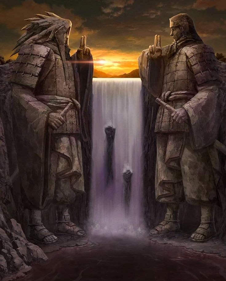 two statues are standing in front of a waterfall at night with the sun setting behind them