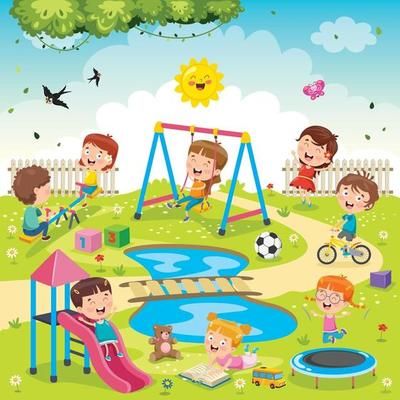 children playing in the park with their parents and grandparents on a sunny day, illustration