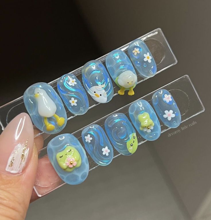 Duck And Frog, Paznokcie Hello Kitty, Frog Pond, Water Nails, Fake Nails Designs, Pretty Gel Nails, Really Cute Nails, Kawaii Nails, 3d Nail Art