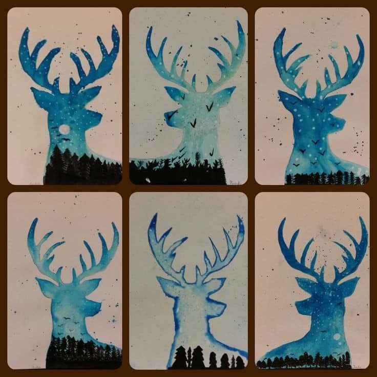 four pictures of deer with blue antlers on them