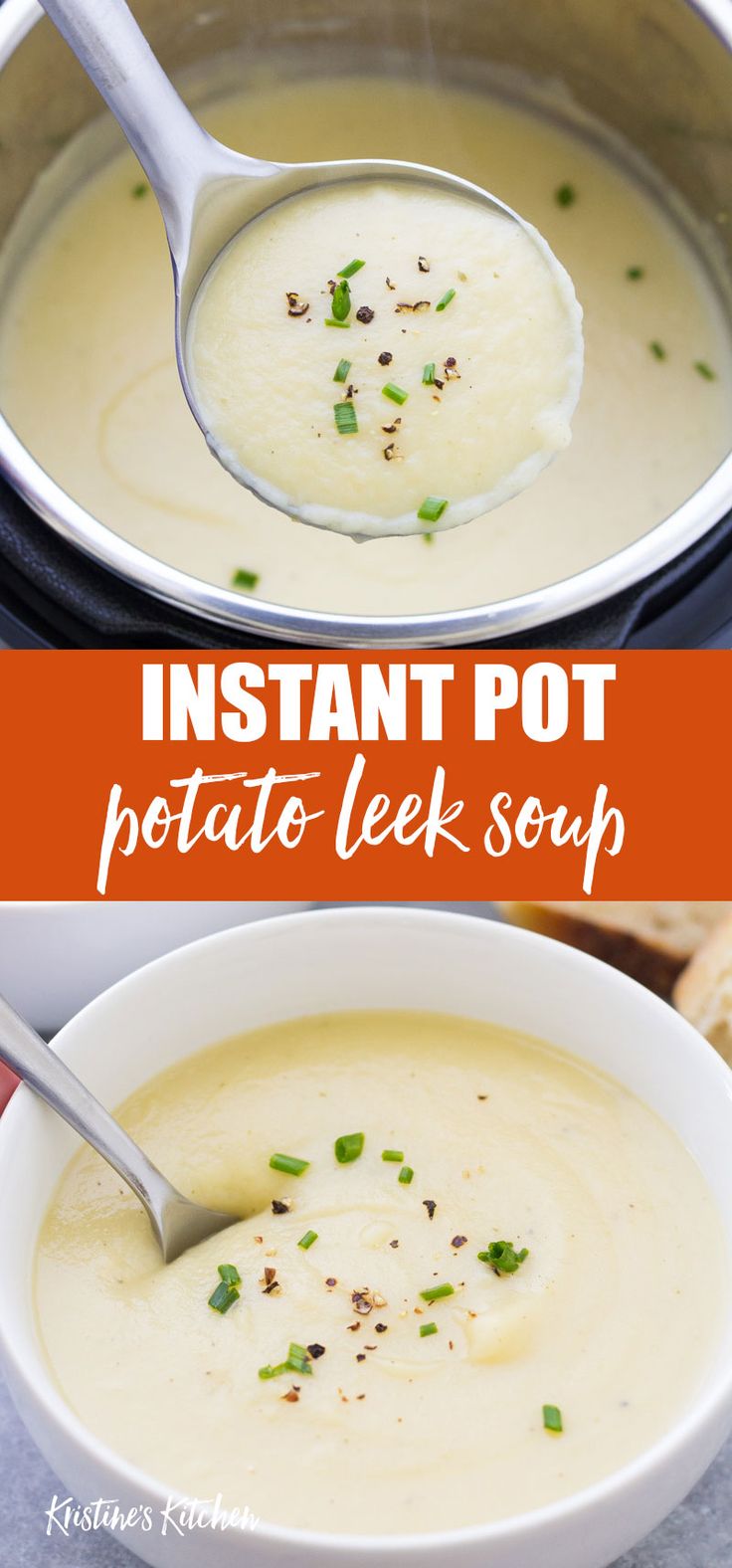 instant pot potato leek soup in a white bowl with a ladle scooping out