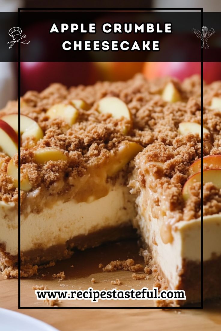 an apple crumble cheesecake is cut into slices