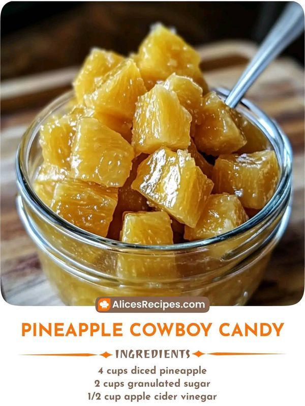 pineapple cowboy candy recipe in a glass bowl with spoons on the side and information about how to make it