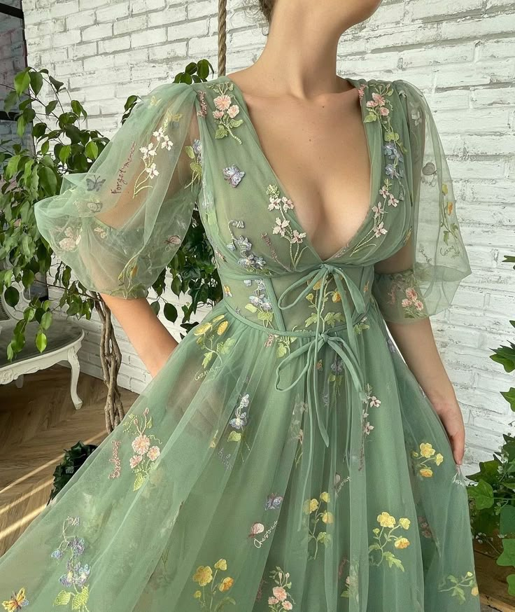 Flourishing Meadow Midi Dress Midi Prom Dress, Dress With Flowers, Green Embroidery, Ball Gowns Evening, Skirt Maxi, فستان سهرة, Fairytale Dress, A Line Prom Dresses, Ball Gowns Prom