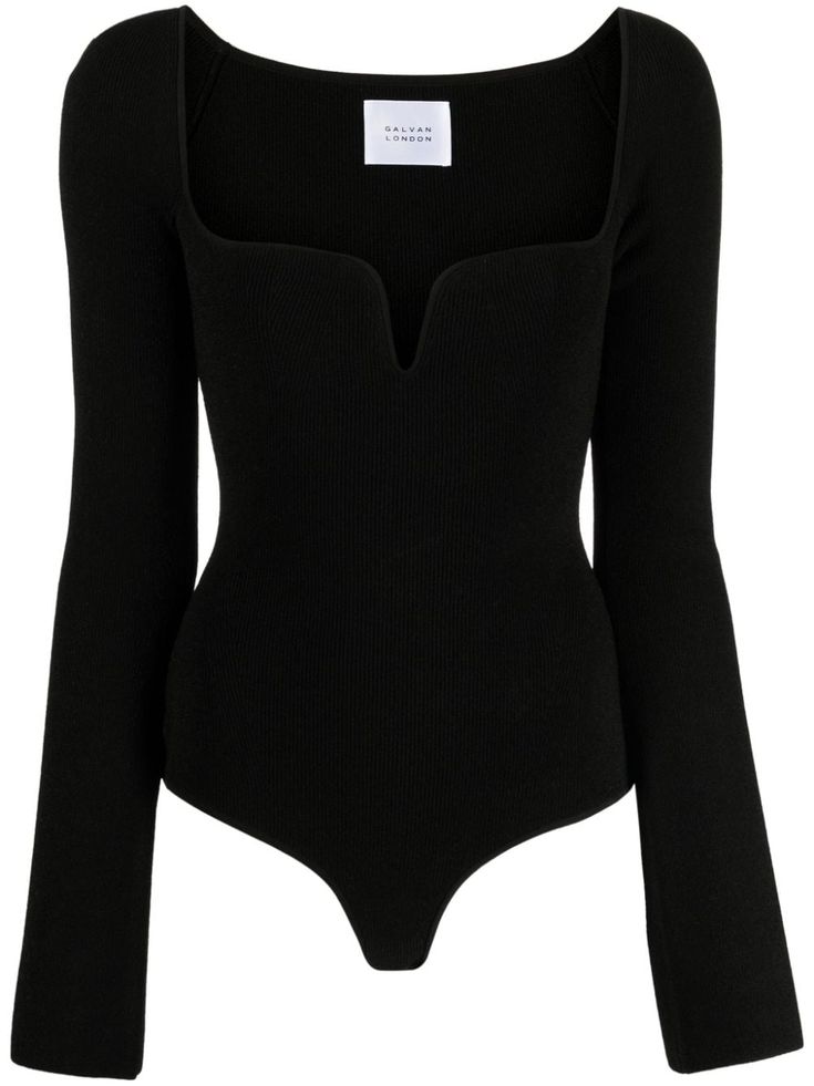 black knitted construction fine ribbed sweetheart neck long sleeves Just a reminder that this piece must be tried on over your own garments. Sweetheart Neckline Top, Ribbed Knit Bodysuit, Rib Knit Top, Extra Long Sleeves, Knit Bodysuit, Knitted Tops, Ribbed Knit Top, Bustier Top, Bustiers