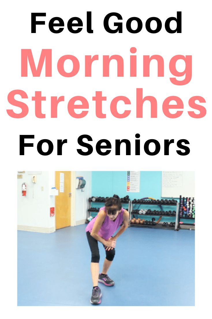 a girl in pink shirt and black shorts on blue floor with text overlay that reads feel good morning stretches for seniors