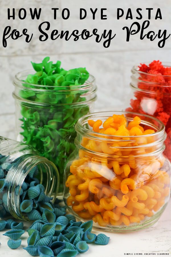 three jars filled with different types of pasta in them and the words how to dye pasta for sensory play