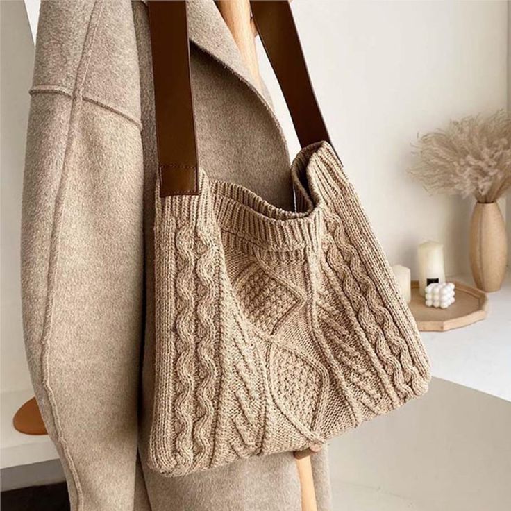 Color: Light Brown Winter Toes, Winter Tote Bag, Winter Tote, Hand Knit Bag, Knitting Bag Pattern, Bag Pattern Free, Modern Bag, Crochet Tote Bag, Crochet Tote