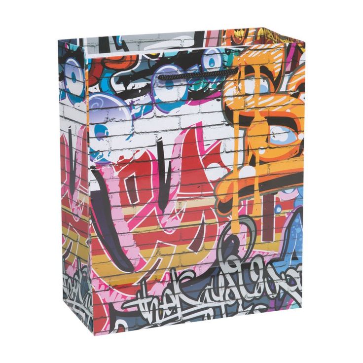 a large shopping bag with graffiti on the front and back sides, in various colors