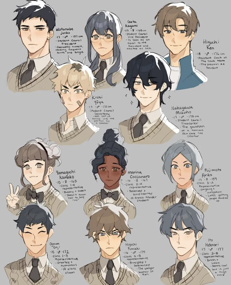 an anime character's face and hair styles for different characters, including one with gray hair